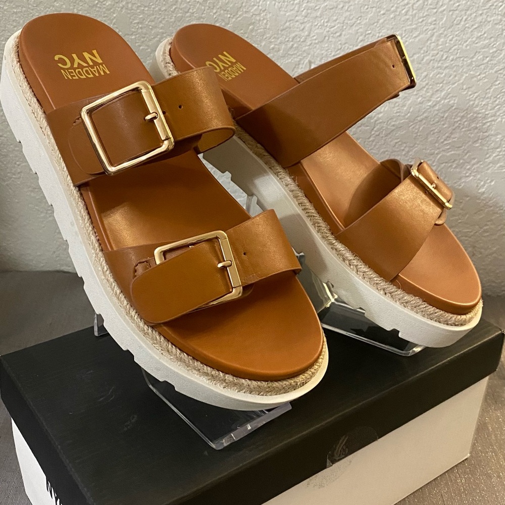 Steve Madden Brown Leather Double-Buckle Slide Sandals - Picture 2 of 4